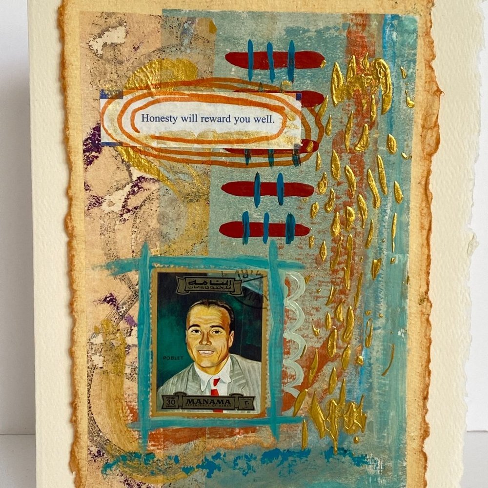 Collage Art Handmade Original Blank Greeting Card and Envelope Vintage Postage